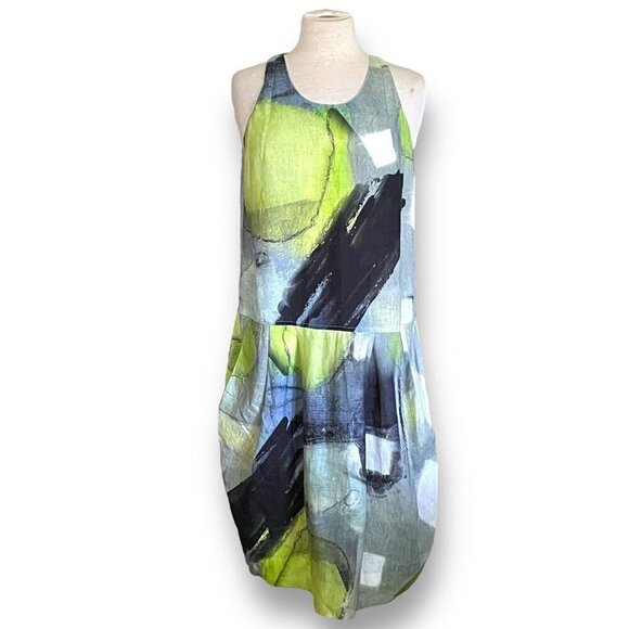 Crea Concept Womens Linen Dress Sz 38 US 6 Green Gray Avant Garde Balloon Hem - Picture 1 of 7